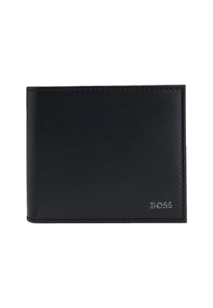 Portefeuille bifold en cuir noir avec des coutures soignées et un petit logo "BOSS" en relief dans le coin inférieur droit.