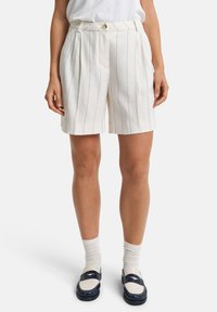 Witte linnen shorts met verticale blauwe strepen, met een hoge taille en geplooid ontwerp, gecombineerd met donkerblauwe schoenen en witte sokken.