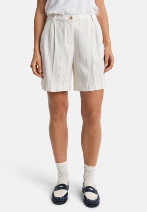 Witte linnen shorts met verticale blauwe strepen, met een hoge taille en geplooid ontwerp, gecombineerd met donkerblauwe schoenen en witte sokken.
