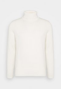 Pull à col roulé blanc côtelé à manches longues et coupe ajustée. Texture lisse, détails minimaux et silhouette classique.