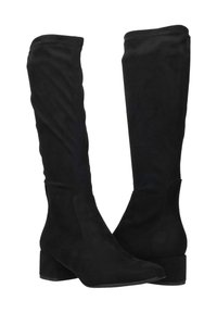 Bottes noires montantes en suède doux, avec un bout pointu et un petit talon carré pour la stabilité. Texture lisse sans embellissements visibles.