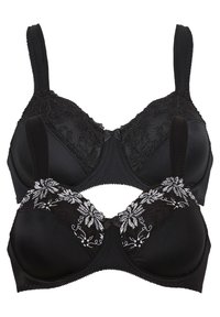 Reggiseni neri con ricami floreali sulle coppe superiori e tessuto liscio sulle sezioni inferiori. Spalline regolabili e chiusura con gancetto.