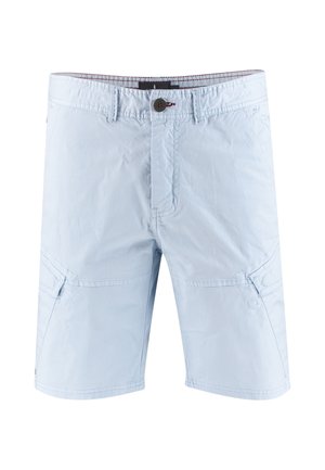 Lichtblauwe knielange shorts met riemlussen, knoopsluiting, voorzakken en zijwaartse cargozakken.