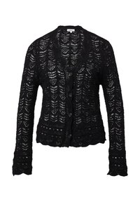 Zwarte, gebreide cardigan met een open weefpatroon, golvende zoom en zes knoopsluiting. Lange mouwen met een delicate textuur.