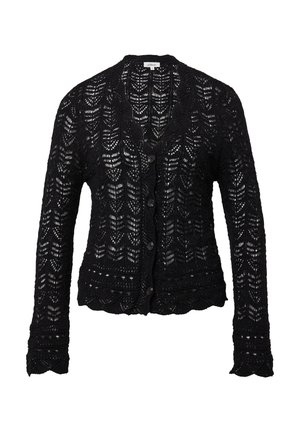 Schwarze, gestrickte Strickjacke mit einem offenen Webmuster, gewelltem Saum und sechs Knöpfen. Lange Ärmel mit einer zarten Textur.