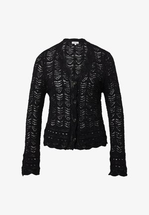 Schwarze, gestrickte Strickjacke mit einem offenen Webmuster, gewelltem Saum und sechs Knöpfen. Lange Ärmel mit einer zarten Textur.