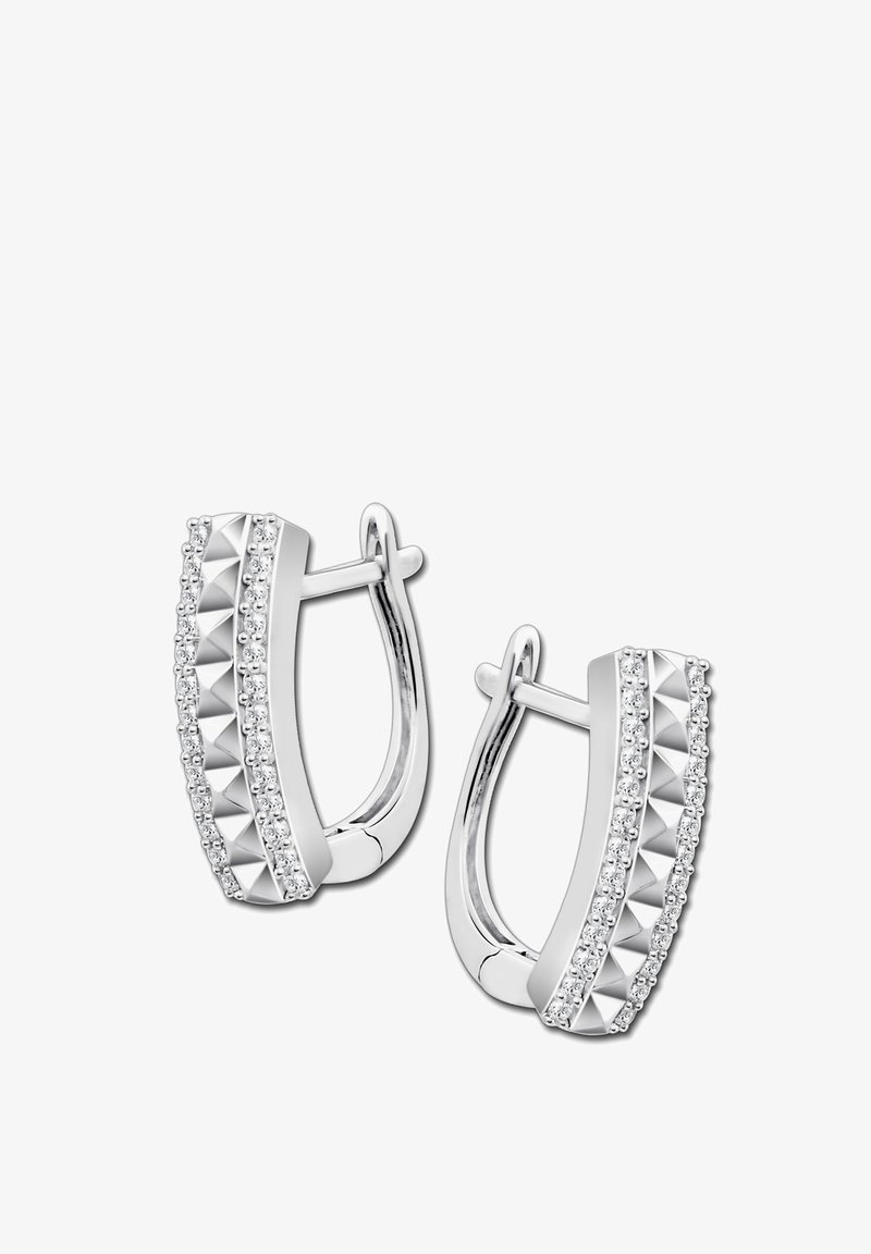 Silver hoop earrings featuring pyramid-shaped accents and a row of clear rhinestones along the edge, polished finish, classic design.