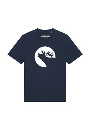 Marineblaue Kurzarm-T-Shirt mit einem runden weißen Grafikdesign eines heulenden Hirschkopfs, zentriert auf der Brust.