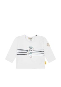 Witte longsleeve shirt met een cartoonbeer graphic, horizontale marineblauwe strepen en een gele label. Gemaakt van zacht katoen, met een ronde hals.
