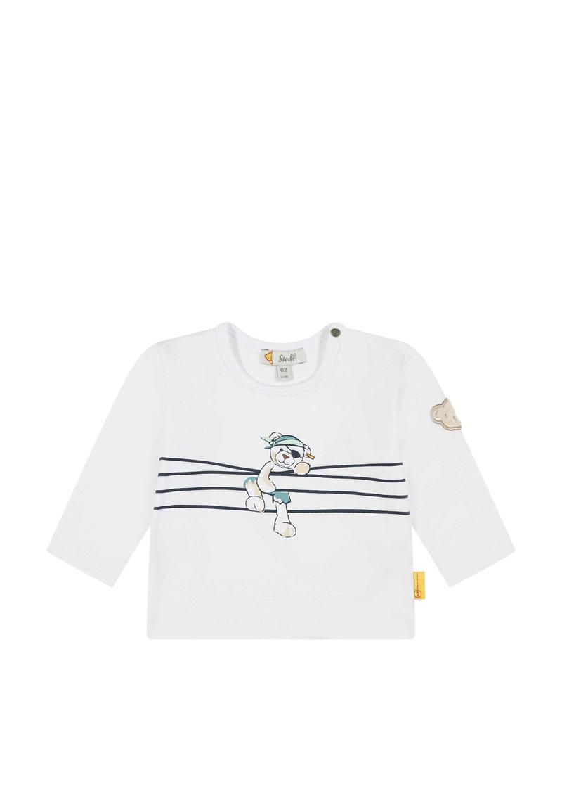Witte longsleeve shirt met een cartoonbeer graphic, horizontale marineblauwe strepen en een gele label. Gemaakt van zacht katoen, met een ronde hals.