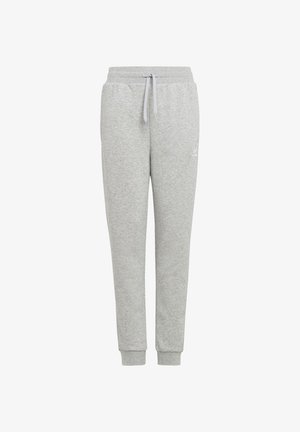 Pantalon de survêtement gris clair avec taille élastique, cordon de serrage, poches latérales, bas de jambes resserrés et petit logo sur le haut de la cuisse.
