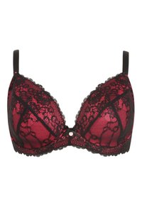 Burgundin ja musta pitsiäärisega rinnahoidja, millel on madal lõige, sile tekstuur, dekoratiivne pael keskosas ja reguleeritavad rihmad.