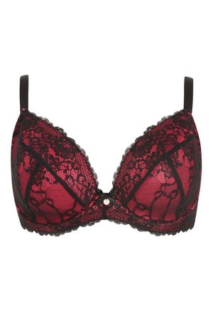 Burgunder- og sort bh med blonder, der har en dyb udskæring, glat overflade, dekorativ sløjfe i midten og justerbare stropper.