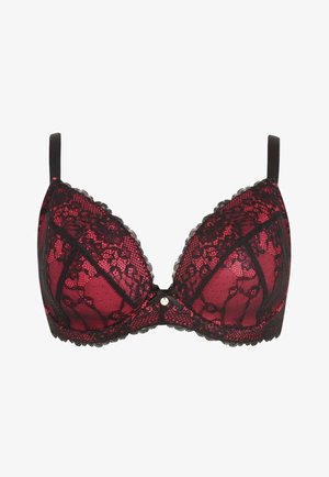 Burgunder- og sort bh med blonder, der har en dyb udskæring, glat overflade, dekorativ sløjfe i midten og justerbare stropper.