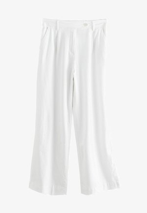 Valged, laiad püksid, mis on valmistatud pehmest kangast, millel on nööp-kinnitus ja kaks esimest taskut, ning need istuvad kogu jala ulatuses mugavalt.