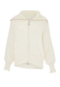 Witte fuzzy ritslijst trui met een brede ribgebreide kraag, gezakte schouders en een unieke voor-zoom. Voorzien van een zilveren rits en pendantsierraad.