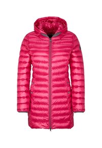 Luchtig roze donsjack met capuchon, voorzien van een rits aan de voorkant, drukknoopsluitingen aan de zijkanten en een horizontale doorgestikte structuur. Gladde satijnachtige afwerking.