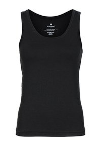 Black tank top made of soft cotton, featuring a round neckline and no sleeves, with a smooth texture and minimal seams.