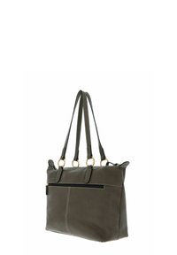 Sac fourre-tout en cuir gris avec deux longues poignées, une poche zippée à l'arrière et des coutures décoratives à l'avant. Ornements métalliques dorés.