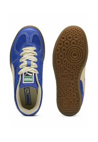 Tenisi din suede și piele de culoare albastră, cu sireturi crem, având o talpă din cauciuc cu model și un eticheta verde cu branding Puma.