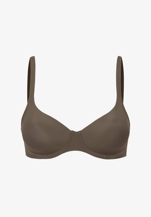 Bruine gevoerde bh met verstelbare bandjes, een glad oppervlak en een klassiek ontwerp. Heeft een centrale naad en geen zichtbare hardware.