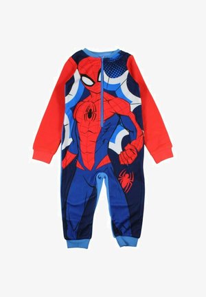Grenouillère rouge et bleue pour enfants avec design Spider-Man, fermeture éclair à l'avant, manches longues et poignets élastiques ; fabriquée en tissu doux et léger.