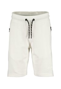 Shorts en coton blancs avec une taille élastique, un cordon noir et des poches latérales zippées. Texture lisse avec un logo sur l'ourlet.