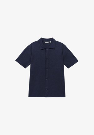 Chemise à manches courtes navy en tissu texturé, dotée d'un col pointu, d'une fermeture à boutons sur le devant et d'une coupe décontractée.