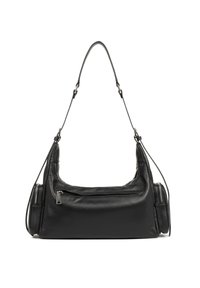 Sac à main en cuir noir avec un design doux et arrondi, une bandoulière réglable et une poche latérale zippée. Surface texturée avec un matériel minimal.