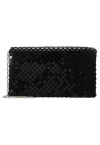 Mustakasi, joka on varustettu kuusikulmaisella kuviolla, kiiltävällä pinnalla ja hopeisella ketjun hihnalla. Suorakulmainen muoto, joka on litteä.