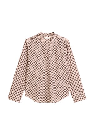 Langärmlige Bluse aus hellrosa Stoff mit einem braunen Punktmuster, runden Halsausschnitt und leicht abgerundetem Saum. Keine sichtbaren Verschlüsse.