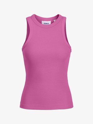 Camiseta sin mangas ajustada de punto acanalado rosa con escote redondo.