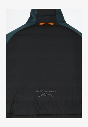 Black padded jacket with teal accents, high collar, and an orange loop. Features brand logo "SWEDEMOUNT" printed in gray near the bottom.