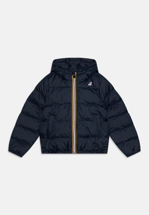 Giacca imbottita navy con cappuccio, chiusura frontale con zip, dettagli della zip multicolori e texture trapuntata. Presenta due tasche laterali.