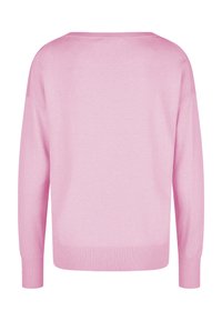 Lichtroze trui met een ontspannen pasvorm, ribgebreide onderrand en manchetten, en een brede halslijn. Gemaakt van zacht breimateriaal. Glad van textuur en naadloos ontwerp.