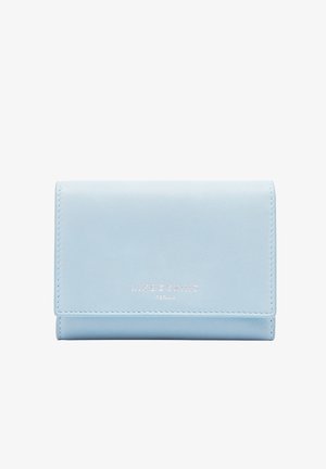 Light blue leather wallet with a smooth texture, featuring a flap closure and embossed logo in silver. Simple rectangular design.