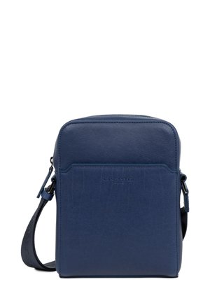 Blue leather crossbody bag with a rectangular shape, front pocket, embossed logo, and an adjustable strap. Smooth texture with minimal detailing.