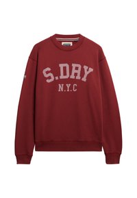 Maroon crewneck sweatshirt with ribbed cuffs and hem, featuring “S.DRY N.Y.C” text in light pink across the chest.