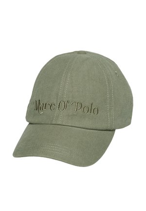 Cappellino da baseball verde oliva in cotone, con il nome del marchio "Marc O'Polo" ricamato in filo abbinato e dettagli cuciti.