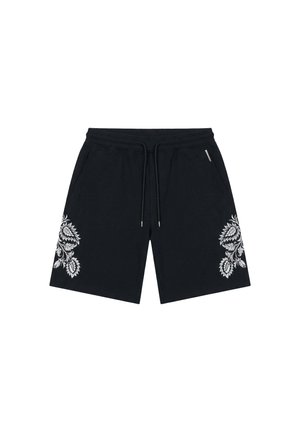 Pantaloncini neri con vita regolabile a coulisse e disegni floreali bianchi vicino al fondo di entrambe le gambe, tasche frontali visibili.