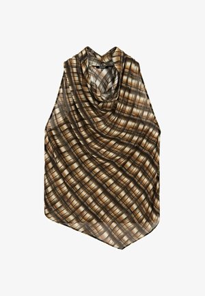 Hnědý a béžový kostkovaný top bez rukávů s volným límcem ve stylu šály, volným střihem a lehkou látkou.