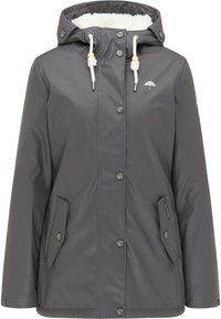 Waterproof gray jacket with a faux fur-lined hood, drawstring, snap buttons, and side pockets. Features subtle logo and metallic accents.