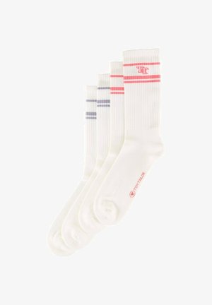 Cuatro pares de calcetines blancos con textura acanalada. Cada par presenta rayas de colores: rosa, gris oscuro y un logo en rojo en la puntera.