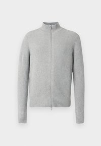 Camisola cinzenta canelada com fecho de correr, gola alta, mangas compridas e design ajustado. Fabricada em malha suave com detalhes em relevo.