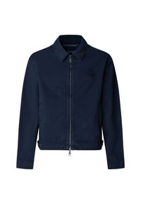 Veste zippée bleu marine avec col, manches longues, poches latérales, pattes de réglage à la taille et logo brodé discret sur la poitrine gauche.