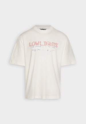 White cotton t-shirt featuring short sleeves, crew neck, and a front graphic with the text "LOW LIGHTS" in pink and blue.