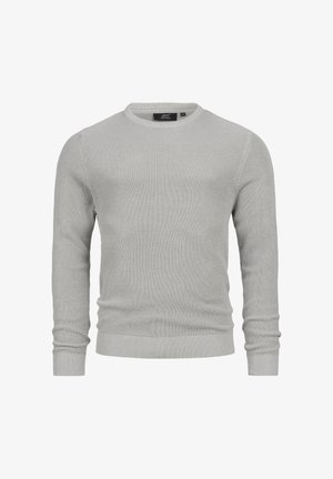 Grauer Strickpullover mit langen Ärmeln, gerippter Textur, Rundhalsausschnitt und eng anliegenden Bündchen. Etikett am Halskragen sichtbar.