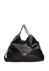 Borsa in pelle nera con un design arricciato, dotata di hardware in tonalità oro e manico a catena. Dettaglio distintivo del logo sul davanti.