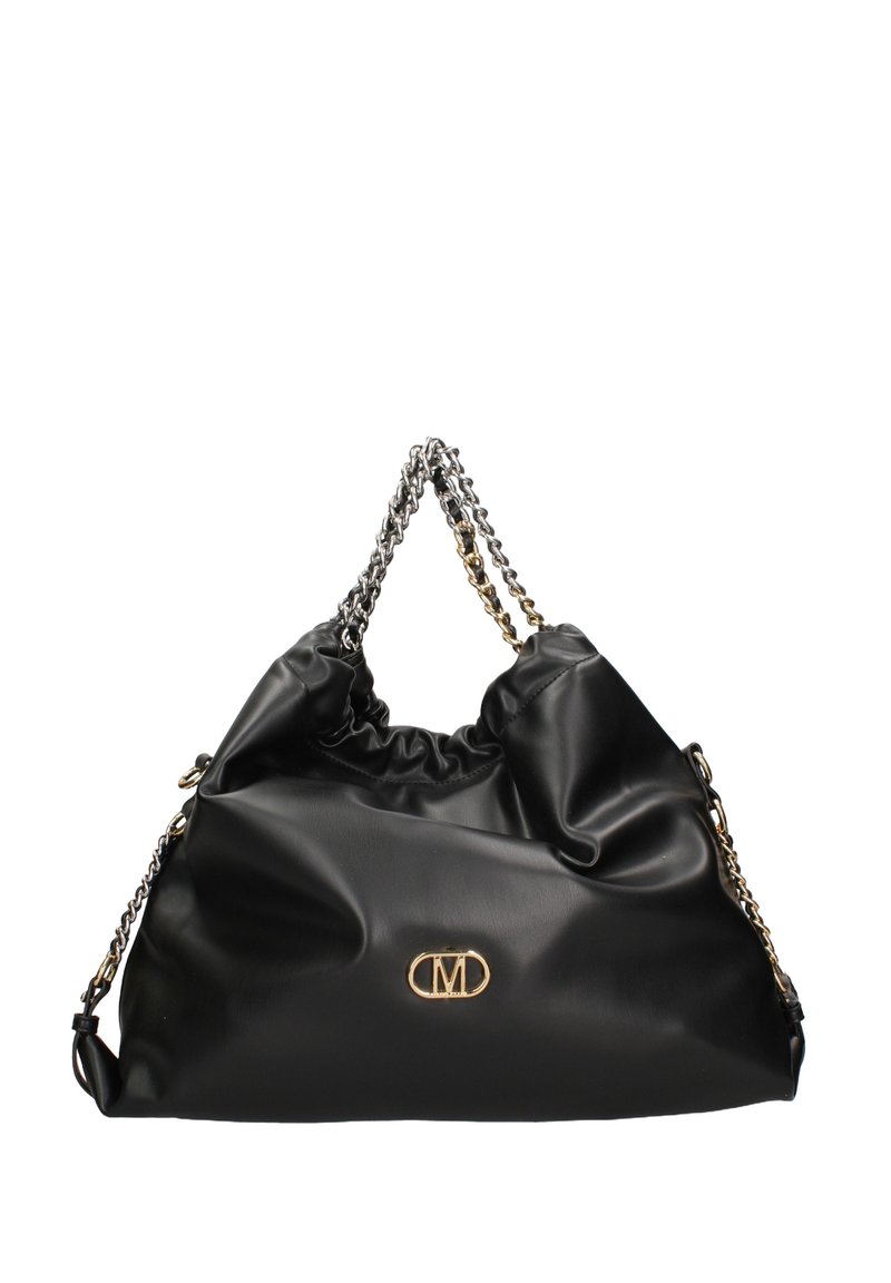 Borsa in pelle nera con un design arricciato, dotata di hardware in tonalità oro e manico a catena. Dettaglio distintivo del logo sul davanti.