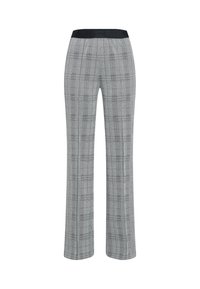 Gray plaid pants with a black elastic waistband, straight cut, and subtle texture. Features a classic check pattern with contrasting lines.